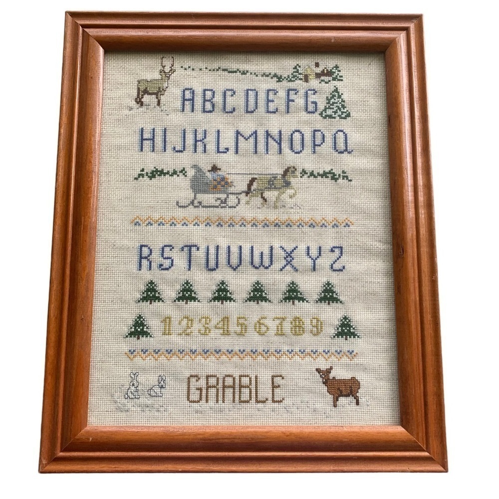 Hand Stitched Needlepoint Alphabet Nature Sampler Handmade Kitschy Y2K Wall Hang